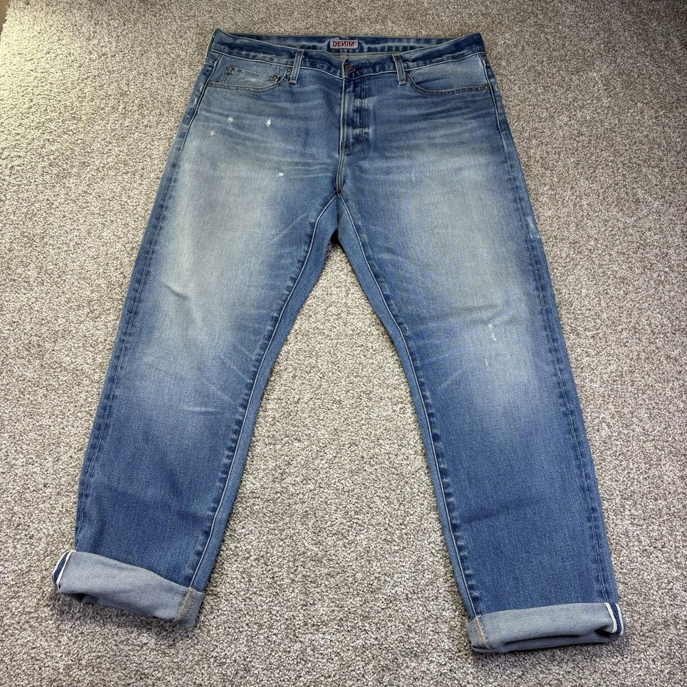 SMN The Finn Tapered Slim Jeans Mens 36x32 Blue Light Wash Selvage Denim Stretch